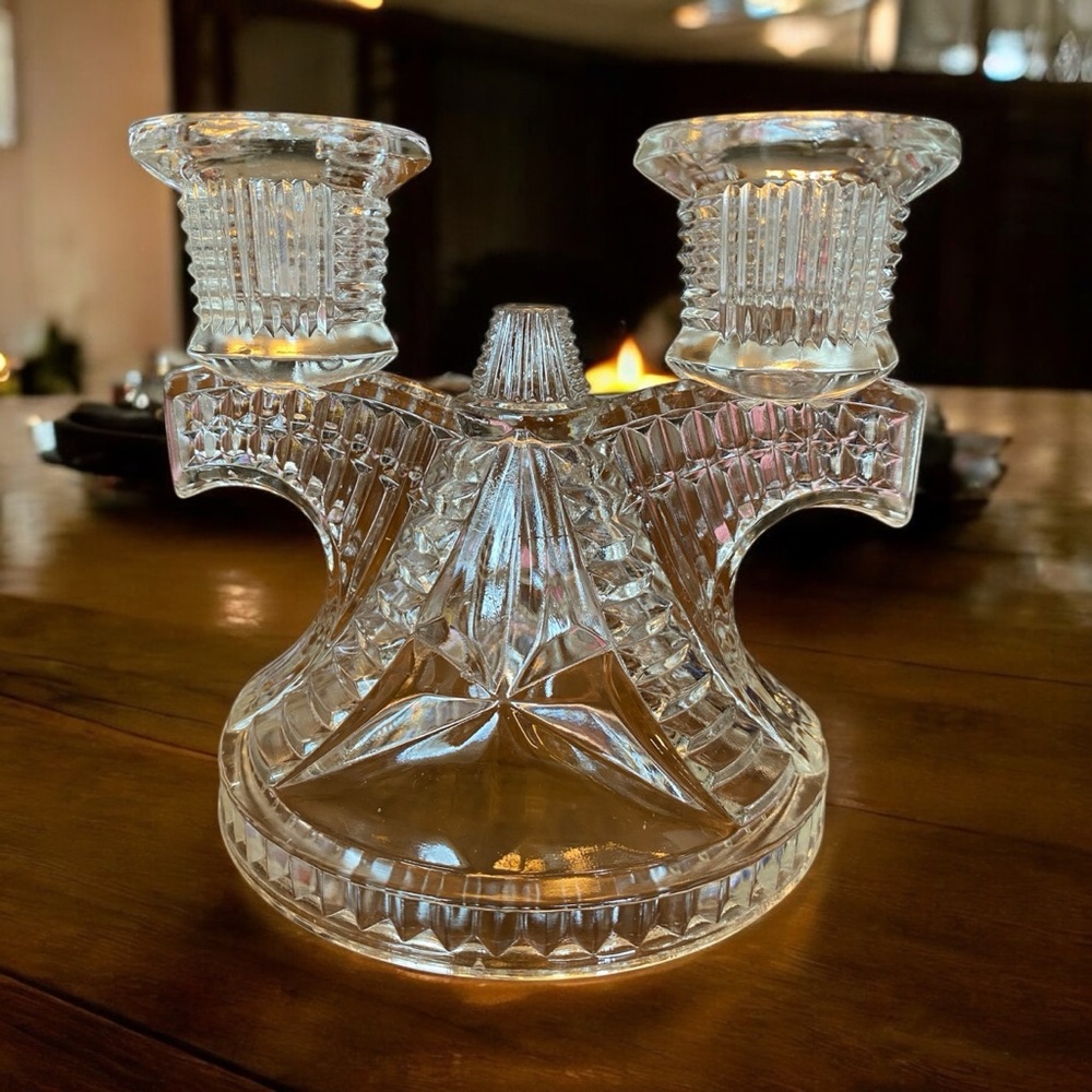 Vintage Federal Glass Wigwam Double Candle Holder Art Deco Clear Pressed Glass